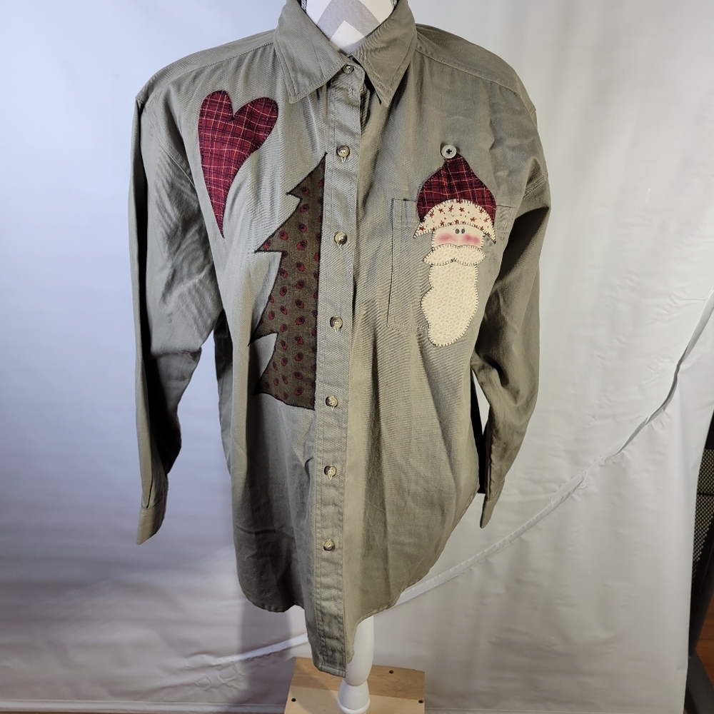 PTNY Applique Christmas Long Sleeve Button front Blouse Size Medium